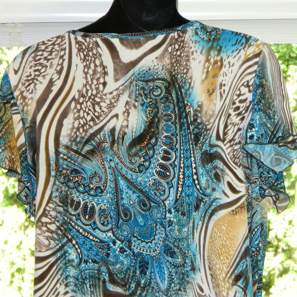 2 for/ $25 Jessica Cap Sleeve V-Neck Blouse Brown Blue Zebra Paisley Size 1X - Picture 8 of 16
